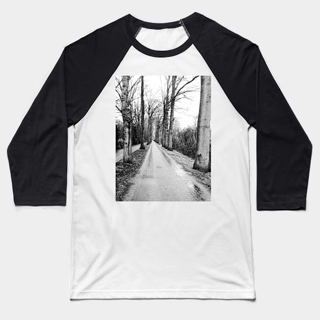 Lane in grey with rain in Harfsen  the Netherlands. Baseball T-Shirt by robelf